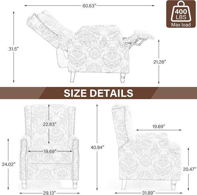 UIXE Floral Pushback Recliner Chair, Fabric Upholstered Armchair Push Back Accent Chair for Living Room, Rivet Trim Club Chair Home Theater Single Sofa Reading Seat - Peacock Blue