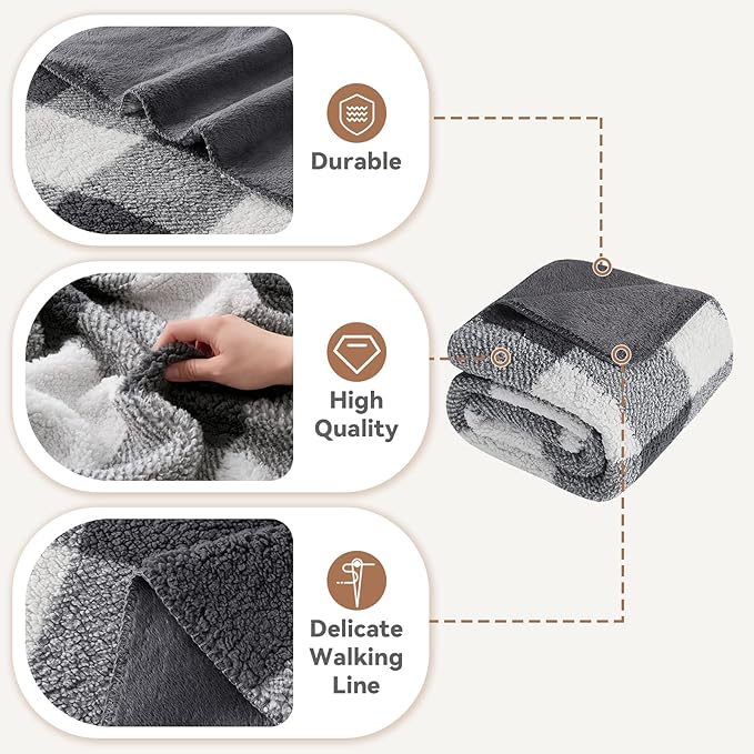 LURKA Checkered Sherpa Fleece Queen-Size Bed Blanket - Extra Thick and Warm Winter Soft Fuzzy Plush Blanket for Couches, Beds & Pets, Smoke Grey, 90x90 Inches