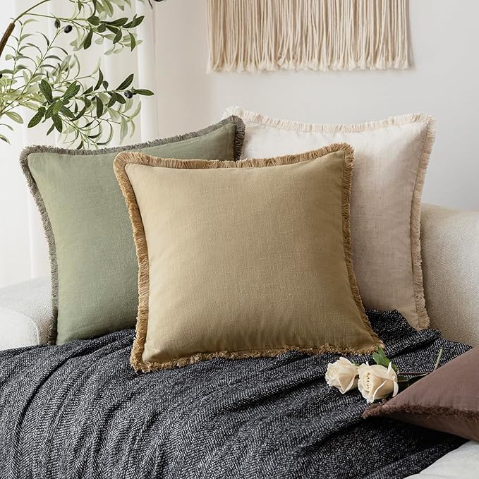 Foindtower Decorative Linen Fringe Throw Pillow Covers Cozy Boho Farmhouse Cushion Cover with Tassels Accent Pillowcase for Chair Sofa Bed Living Room Home Decor, 26×26 Inch, 1PC,Light Khaki Taupe