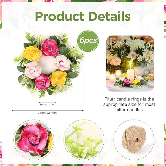 6 Pcs Artificial Rose Wreaths for Kitchen Cabinet Mini Floral Wreath Colourful Roses Hanging Wreaths for Pillar Front Door Porch Wall Window Farmhouse Decoration