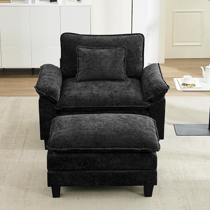 URRED Modular Sectional Sofa Comfy Cloud Couch, Modern Chenille Sofa Sleeper Deep Seat Couches with Ottoman/Pillows for Living Room (Black, 53''- Ottoman)