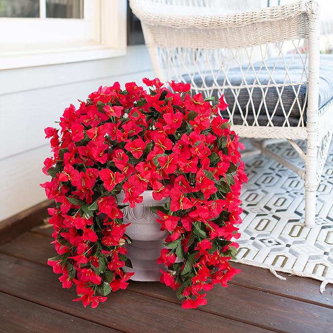 Faux Bougainvillea Artificial Flowers Plants for Outdoor Outside Decoration, 2 PCS Red Fake Flowers UV Resistant Look Real Silk Long Trailing Vines for Front Door Porch Planter Urn Patio Garden Yard