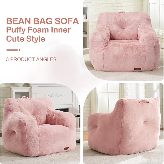 Hobestluk Bean Bag Chair for Adult Small Bean Bag Chairs with Arms Furry Beanbag Chair with Foam Filler Stuffed Bean Bag Sofa for Reading in Bedroom Living Room and Dorms(Pink)