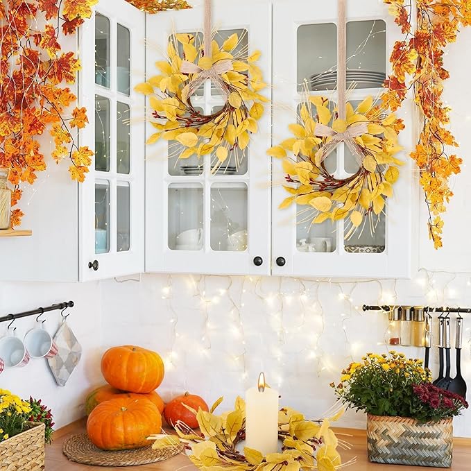 6 Pcs Fall Eucalyptus Leaves Wreaths for Kitchen Cabinets 3 Inch Front Door Mini Autumn Candle Rings Wreath with Red Berries Artificial Farmhouse Hanging Swags Wreath for Thanksgiving Window Decor