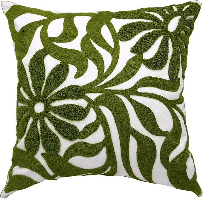 Alysheer Farmhouse Floral Leaves Embroidered Decorative Throw Pillow Cover 18x18 inches, Boho Tufted Flowers Embroidery Pattern Chic Cotton Cushion Case for Couch Bed Sofa Living Room(Olive Green)