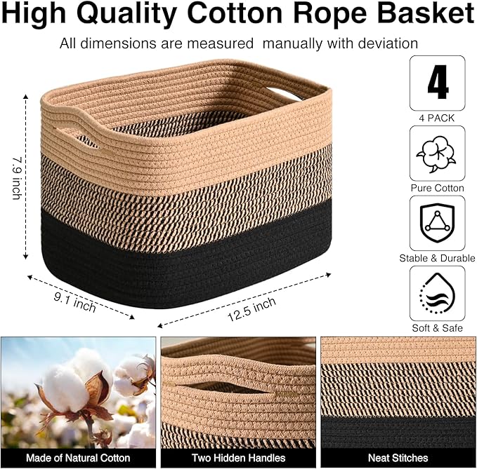 Storage Baskets for Shelves Organizing, Woven Cotton Rope Baskets for Storage, Book Basket, Towel Basket, 12.5"Lx9.1''Wx7.9''H (4 Packs) Gradient Black & Jute
