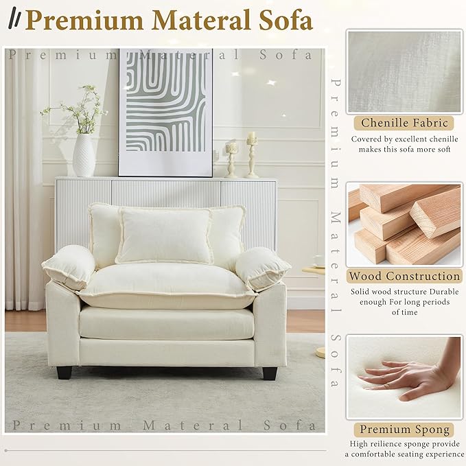 URRED Modular Sectional Sofa Comfy Cloud Couch, Modern Chenille Sofa Sleeper Deep Seat Couches with Ottoman/Pillows for Living Room (White, 53'')