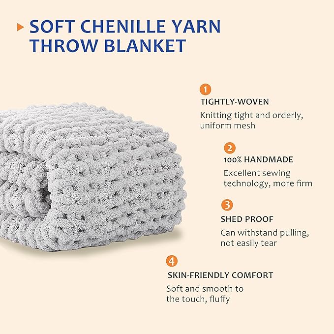 L'AGRATY Chunky Knit Blanket Throw: 72''x84'' Chenille Chunky Knitted Throw Blanket for Bed Couch - Handmade Thick Big Cable Knit Blanket - Large Chunky Crochet Rope Blanket for Home Decor(Grey)