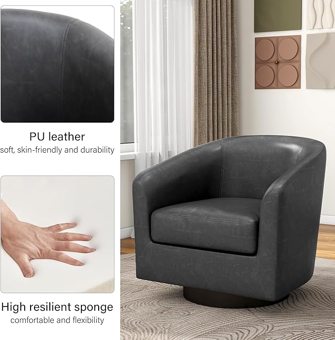 Swivel Barrel Accent Chair, Modern Round Faux Leather Arm Chair for Living Room, Bedroom, Comfy Club Reading Chairs for Adults(Faux Leather, Black Grey, Set of 4)