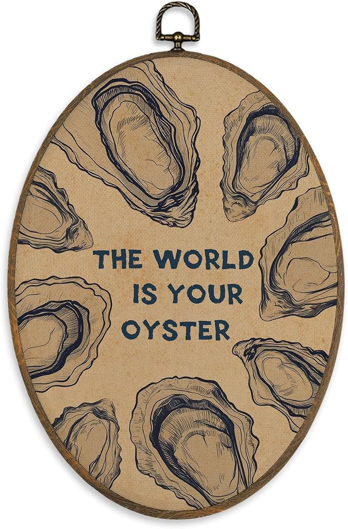 XBBMGG Vintage Oyster Wall Art Decor, Inspirational Retro Beach Oval Wall Hanging Decor, Nautical Ocean The World Is Your Oyster Framed Canvas Prints for Living Room Bathroom Decorations, 8.6 x 11.4 inch