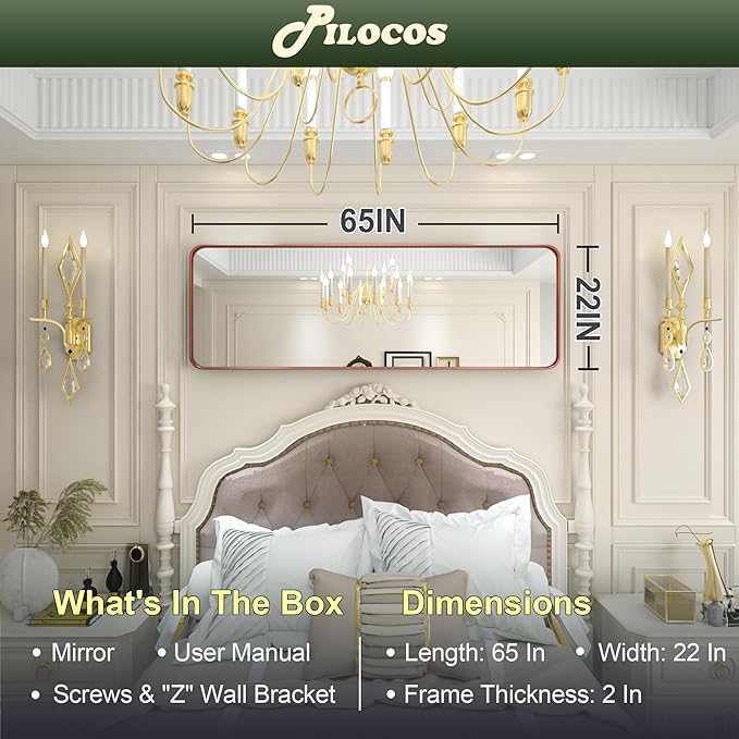 65 x 22 Inch Full Length Floor Mirror, Rose Gold Wall Mounted Full Body Mirror with Aluminum Alloy Brushed Ribbed Texture Frame, Tall Floor Mirror for Living Room/Entryway/Bedroom