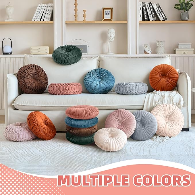 2 Pcs Round Throw Pillows Pleated Velvet Pumpkin Round Pillows Floor Cushion for Living Room Couch Chair Bed Sofa 15.7"x15.7"/13.8" x 13.8" (Yellow)