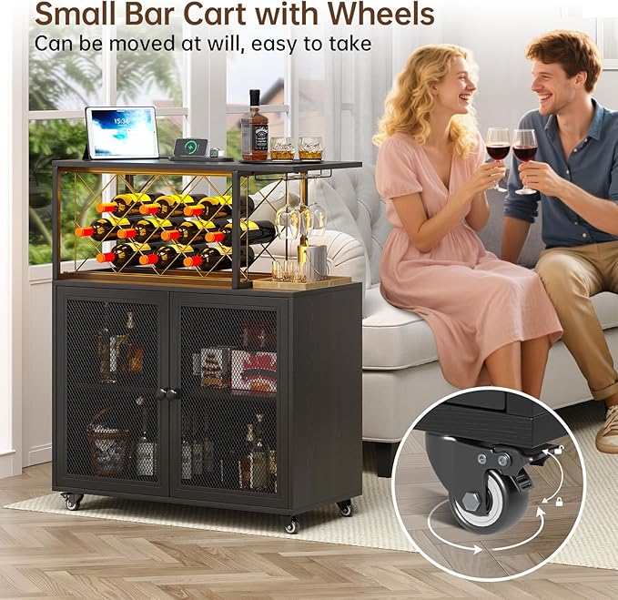Wine Bar Cabinet with Wheels, 4-Tier Bar Cart with Power Outlets and LED Light, Liquor Cabinet Home Mini Bar with Wine Rack, Coffee Bar Cabinet for Liquor, Black