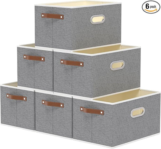 Yawinhe Fabric Storage Bins with Handles, Foldable Baskets for Shelves, Cubes with 3 Handles, Large Boxes for Clothes, Grey, 16.9''Lx11.8''Wx10.2''H, 6-Pack
