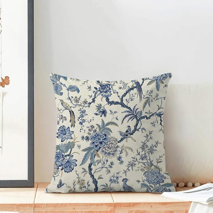 CXMEIFLY Spring Floral Birds Pillow Covers 22 x 22 Inch Set of 2 for Chinoiserie Flowers Decor Throw Pillows Blue and White Plant Outdoor Decorative Cushion Cases for Couch Bed Decorations