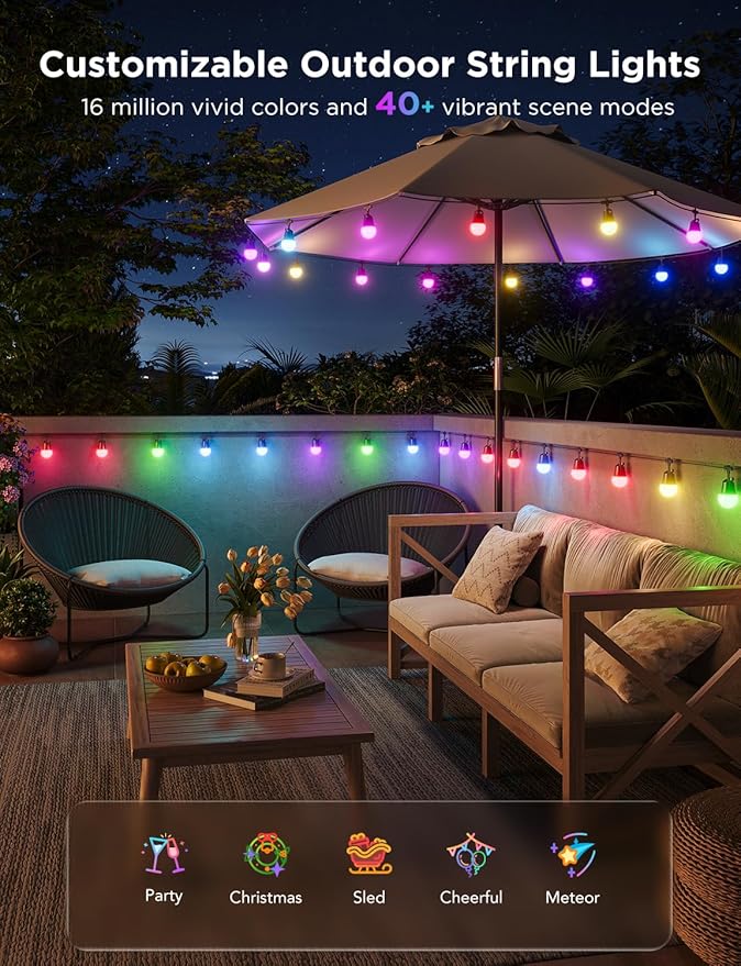 Govee Smart Outdoor String Lights 2, 144ft Outdoor Lights with Dimmable Warm White LED Bulbs, 47 Scene Modes for Patio, Backyard, Balcony, IP65 Waterproof, Works with Alexa, App Control