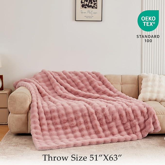 BENVWE Faux Fur Throw Blanket for Couch - Fluffy Soft Thick Bubble Blanket for Living Room Home Decor - Mothers Day Birthday Gifts for Women, Dusty Pink, 51" x 63"
