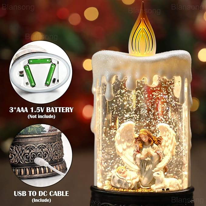 Nativity Snow Globe Candle Christmas Decorations Gifts Auto Snowfall Glitter Music Collection Angel Nativity Scene with 6H Timer USB/Battery Powered 9.7 inch