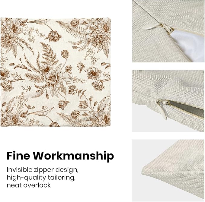 CXMEIFLY Spring Floral Leaves Pillow Covers 18 x 18 Inch Set of 2 for Chinoiserie Flowers Decor Throw Pillows Brown and White Seasonal Plant Outdoor Decorative Cushion Cases for Couch Bed Decorations