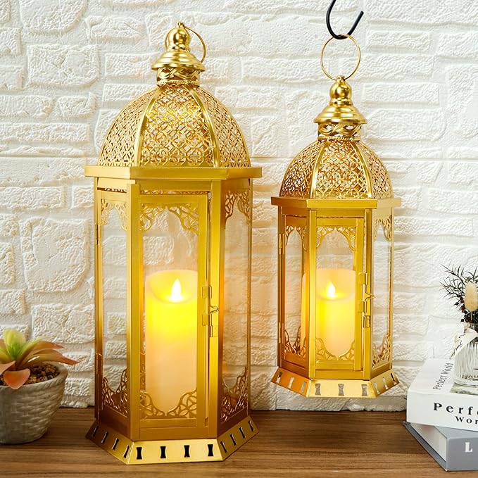 JHY DESIGN Set of 2 Outdoor Candle Lanterns 22"&17" H Decorative Vintage Metal Candle Holders for Garden Porch Indoor Outdoor Parties Weddings Patio Home Decor(Gold)