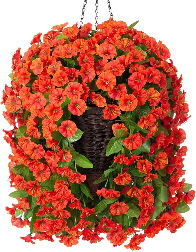 Artificial Fake Hanging Flowers Plants Baskets for Outdoor Fall Decoration, Faux Silk Orange Morning Glory in Planter UV Resistant Look Real for Home Porch Patio Balcony Yard Decor