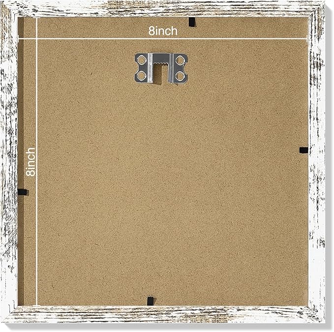 Vittanly 8x8 Picture Frames Set of 9, Shatter Resistant Plexiglass, Display 4x4 Pictures with Mat or 8x8 without Mat, Photo Frames for Wall Mount, Engineered Wood, Distressed White