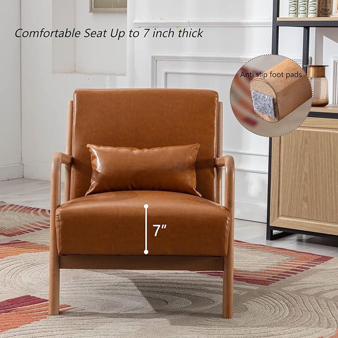 INZOY Mid Century Modern Accent Chair with Wood Frame, PU Leather Reading Armchair with Waist Cushion, Upholstered Living Room Chairs for Bedroom Sunroom (Camel)
