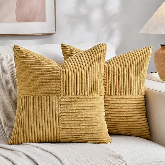 Fancy Homi 2 Packs Mustard Yellow Samll Decorative Throw Pillow Covers 12x12 Inch with for Couch Bed Sofa, Rustic Farmhouse Boho Home Decor, Soft Corss Patchwork Corduroy Square Cushion Case 30x30 cm