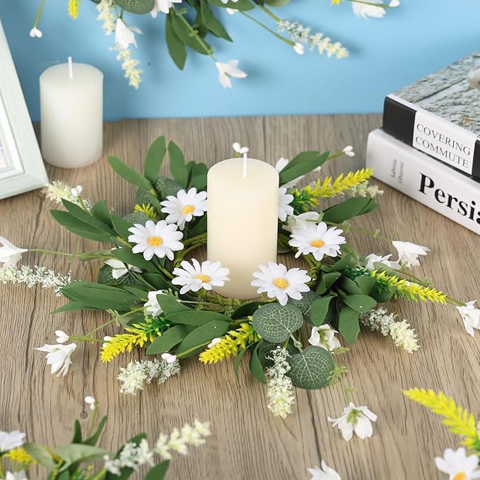 6 Pcs Artificial Spring Summer Swag Wreaths Mini White Daisy Floral Wreath Farmhouse Kitchen Cabinet Wreath Hanging Flowers Wreaths for Front Door Indoor Outdoor Home Decor Festival Celebrations
