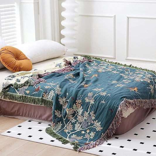 Snycler Boho Throw Blanket for Bed - 100% Cotton Ultra Soft Rustic Quilt Blanket Green Floral Bird Printed Farmhouse Decor Bed Blankets, 80"×90" All Season Rustic Throw for Sofa Chair Couch