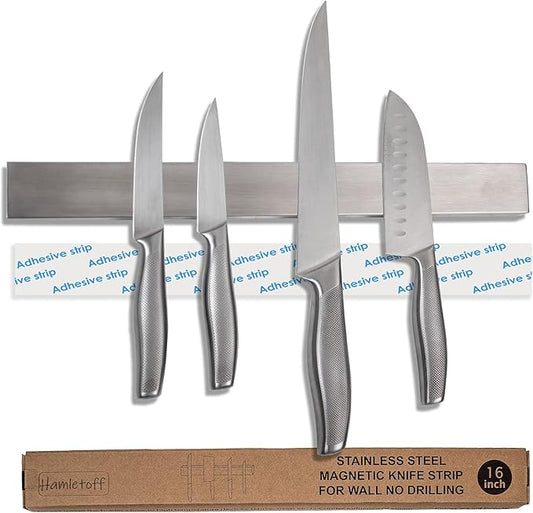 Premium Magnetic Knife Holder for Wall no Drilling – 16 Inch Stainless Steel Magnetic Knife Holder Self Adhesive - Kitchen Magnetic Knife Strip with Adhesive Sticker (Upgraded Adhesive Tape)