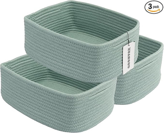 Small Woven Storage Baskets 12“X8”X5“ Decorative Rope Bins for Organizing Shelves, Closets, and Toys, Empty Gift Baskets, Cute Organizer Basket for Home and Office (green, regular)