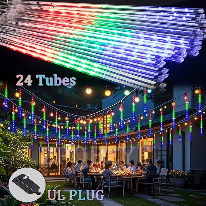 Meteor Shower Lights Outdoor Christmas Lights 24-Tube 576LEDs Snow Falling Rain Cascading Icicle Light for Christmas Tree Decorations Wedding Party Holiday Garden Decor, UL Plug Multi Color