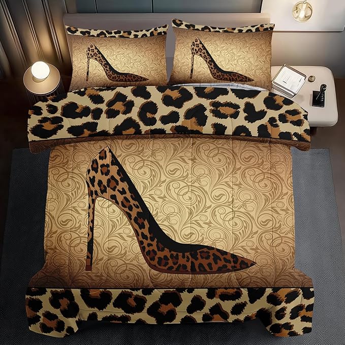 Leopard Comforter Set King Girls,Sexy High Heel Comforter for Women,Leopard Print Bedding Set King Adult,High Heel Quilt Bedroom Decor,African Animal Print Bedding Quilt