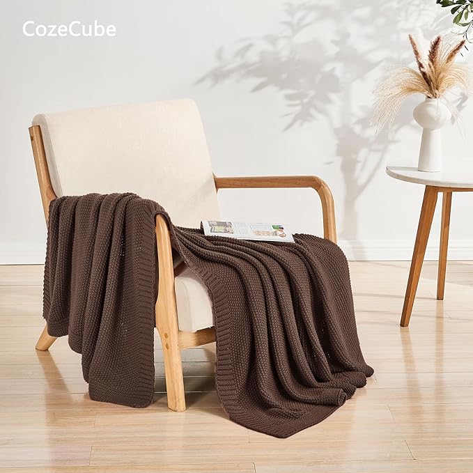 CozeCube Brown Throw Blanket for Couch, Soft Cozy Cable Knit Throw for Bed Sofa Living Room, Lightweight Warm Decorative Farmhouse Christmas Blanket, 50"x60", Dark Brown