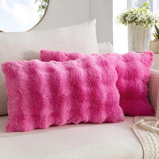 MIULEE Pack of 2 Decorative Pillow Covers Thick Soft Plush Faux Fur Lumbar Throw Pillows Luxury Home Decor for Couch Bedroom Living Room Sofa,12x20 Inch Hot Pink
