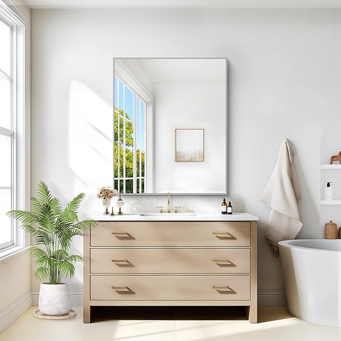Silver Bathroom Mirror for Wall, 30x36 Inch Rectangle with Metal Frame, Modern Vanity for Bathroom Living Room, Entryway Hangs Horizontal or Vertical