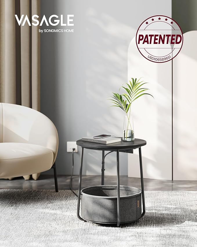 VASAGLE Side Table with Charging Station, Round End Table with Fabric Basket, Nightstand with Power Outlets, USB Ports, for Living Room, Bedroom, Modern, Ebony Black and Slate Gray ULET228B01