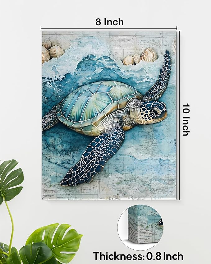 Coastal Sea Turtle Canvas Wall Art Turtle Nautical Ocean Theme Print Poster Framed Picture Painting for Home Beach House Bedroom Wall Decor 8x10 Inch