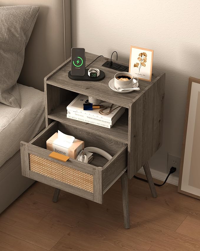 Rattan Nightstand with Outlet,Modern Bedside Table with Storage Drawer and Open Wood Shelf, for Living Room, Bedroom and Small Spaces, Accent Night Stand with Solid Wood Legs,Grey Oak