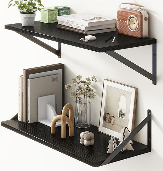 Deep Black Floating Shelves for Wall, 24"W x 10"D Wall Shelves Set of 2, 10 Inch Deep Floating Shelf with Brackets, Wide Display & Storage Shelves for Books, Living Room, Kitchen, Bathroom