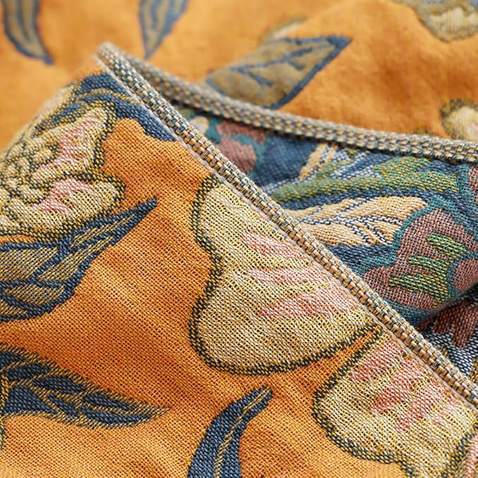 Boho Muslin Blanket for Adults 4-Layer Gauze 80 x 90 Inches Soft Cozy 100% Cotton Summer Cooling Blanket Floral Decor for Sofa Bed Coverlet Both Sides (Flowr Branch Orange, 80 x 90 in)