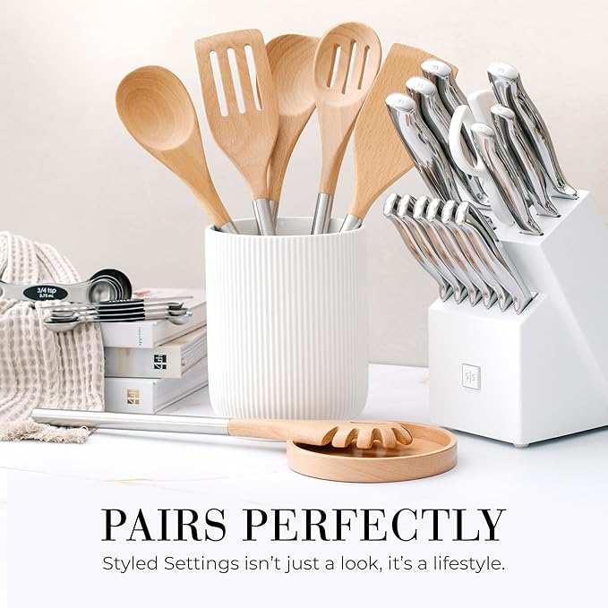 STYLED SETTINGS Wood Cooking Utensils Set with Stainless Steel Handles – 6-PC Durable Wooden Spoons for Cooking, Serving, & Mixing – Kitchen Utensils Set for Nonstick Cookware, Great for Gifting