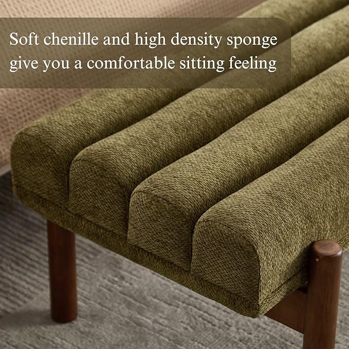 Green Upholstered Bench Modern End of Bed Bench Chenille Fabric Bedroom Bench for Entryway Living Room Vanity Makeup Room, 47" Long, Wooden Legs