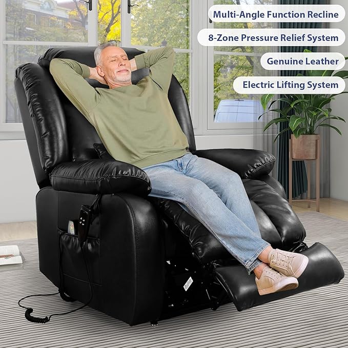 MAEVIS Large Genuine Leather Power Lift Recliner Chair, Dual Motor Recliner for Elderly,Extended Footrest and Lumbar Pillow for Tall Man,with Heat and Massage, USB and Type-C Ports(Black)