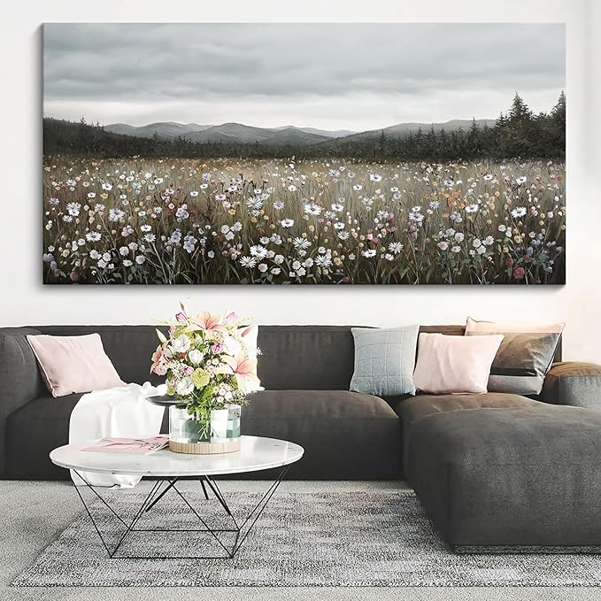 HGUAOA Vintage Framed Floral Landscape Wall Art for Living Room - Large Nature Artwork Above Bed Wall Decor - Farmhouse Mountain Pictures for Bedroom Wall Decor 20×40IN