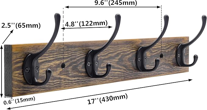 IBosins Wall Mounted Coat Rack, Entryway Hanging , Metal Wood Rack with 4 Black Literary Rustic Hooks Rail for Scarf, Bag, Towel, Key, Cap, Cup, Hat (Brown)