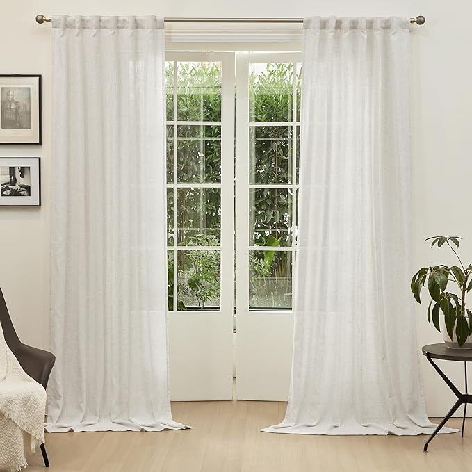 MYSKY HOME Country Curtains for Sliding Glass Door, Back Tab Semi Sheer Curtain Panels Extra Long Floor Length Drapes Linen Texture Soft Touch, 50x108 Inch, Linen, Set of 2