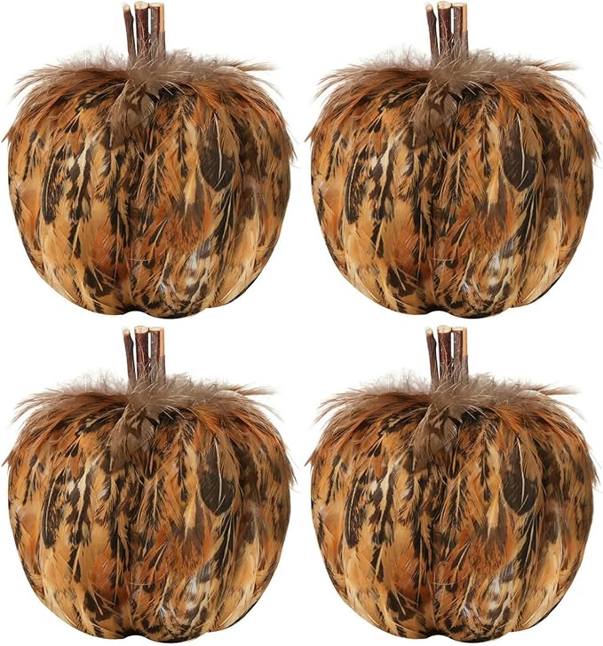 naturevibe 4.3 Inches Elegant Feathered Pumpkin Decor Set of 4 for Thanksgiving Decorations, Natural Feather Pumpkins as Fall Home Decor,Centerpieces for Tables or Autumn Harvest Gifts