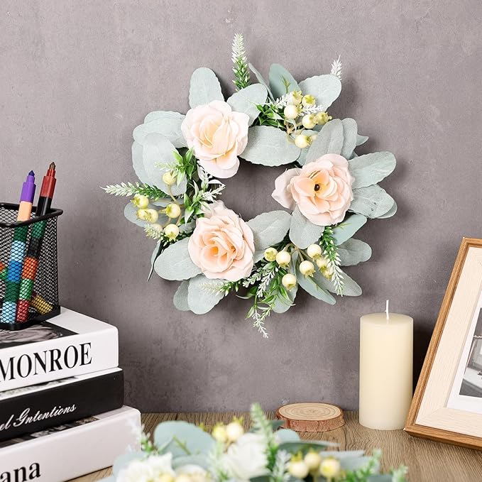 6 Pcs Wedding Rose Candle Rings Swag Wreath Artificial Floral Wreaths with Lamb Leaf Flower Candle Rings Candleholders Garland for Pillar Centerpiece Party Table Wall Window Farmhouse Decor